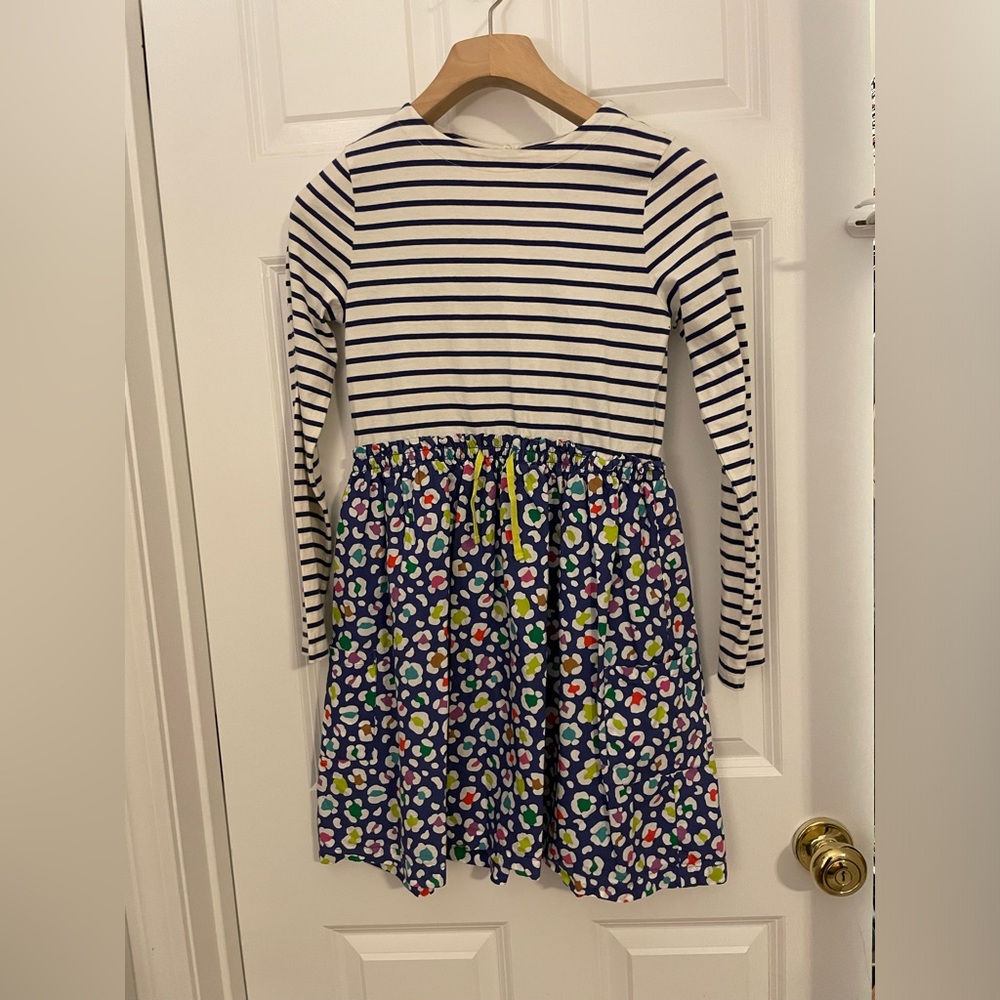 Mini Boden navy striped and floral long sleeve dress 11-12